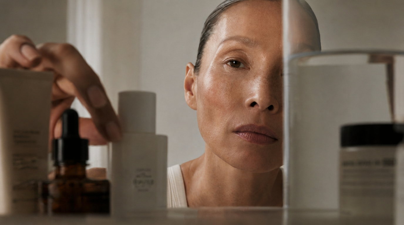 A woman seen through a glass shelf of skincare bottles, reaching for a product in soft daylight